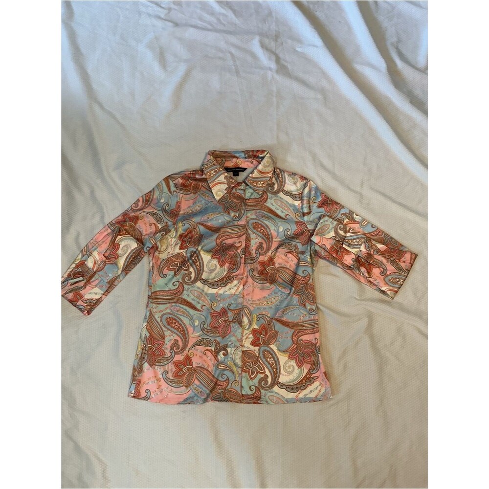 Boston Proper Paisley Satin Blouse in Pink, Blue & Cream